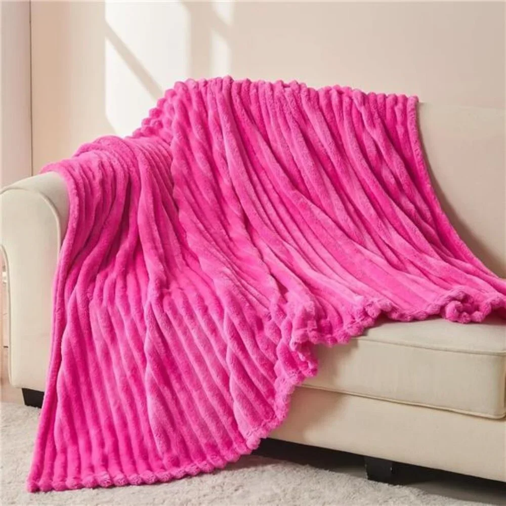 Super Soft Throw Blanket Hot Pink Ribbed Premium Silky Flannel Fleece 50